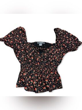 Primark Black Floral Puff-Sleeve Smocked Peplum Top